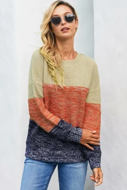 Clearance Dear-Lover Blue Color Block Netted Texture Pullover Sweater Brown