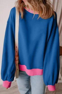 Discount Dear-Lover Colorblock Bubble Sleeve Sweatshirt Blue