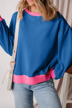 Discount Dear-Lover Colorblock Bubble Sleeve Sweatshirt Blue