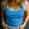 Hot Dear-Lover Colorblock Edge Ribbed Knit U Neck Tank Top Blue