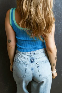 Hot Dear-Lover Colorblock Edge Ribbed Knit U Neck Tank Top Blue