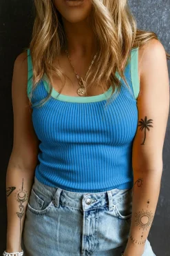 Hot Dear-Lover Colorblock Edge Ribbed Knit U Neck Tank Top Blue