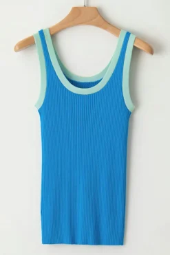 Hot Dear-Lover Colorblock Edge Ribbed Knit U Neck Tank Top Blue