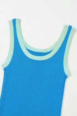 Hot Dear-Lover Colorblock Edge Ribbed Knit U Neck Tank Top Blue