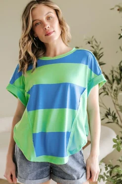Outlet Dear-Lover Colorblock Rounded Hem Loose T Shirt Blue