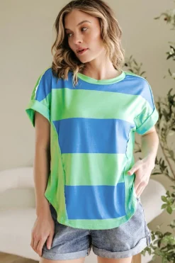 Outlet Dear-Lover Colorblock Rounded Hem Loose T Shirt Blue