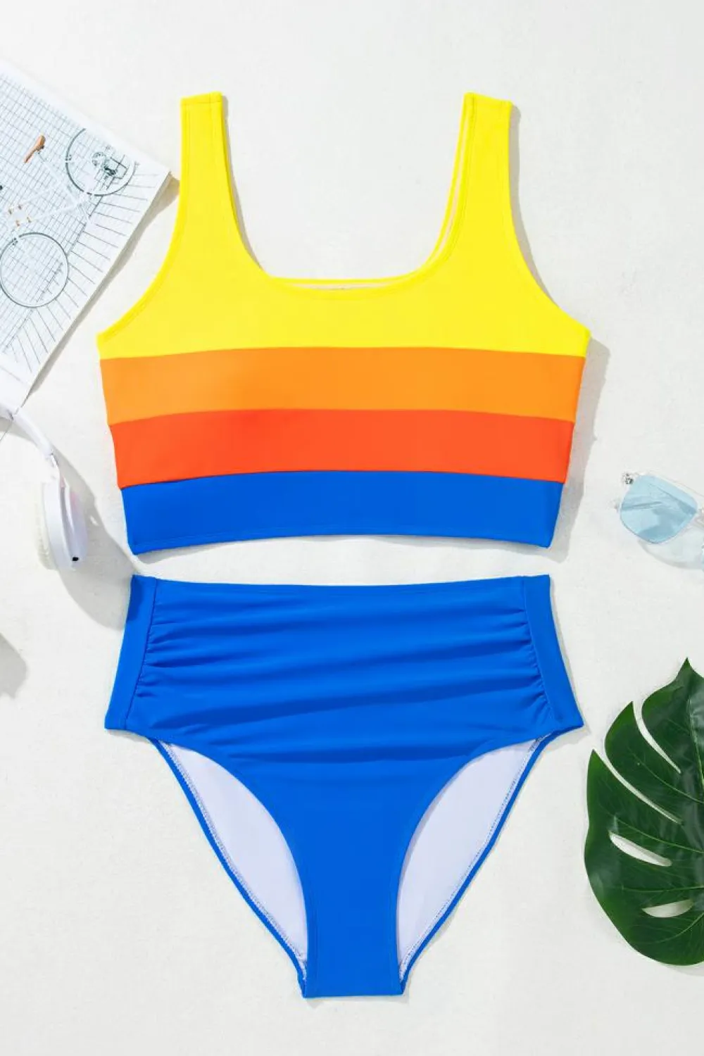 Best Dear-Lover Colorblock Square Neck Top Pleated High Waisted Bikini Blue