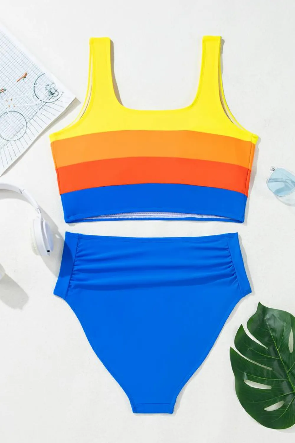 Best Dear-Lover Colorblock Square Neck Top Pleated High Waisted Bikini Blue
