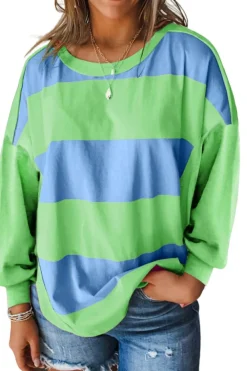 Sale Dear-Lover Colorblock Striped Drop Shoulder Loose Top Blue