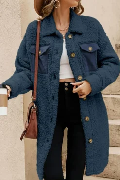 New Dear-Lover Contrast Flap Pocket Single Breasted Teddy Coat Blue