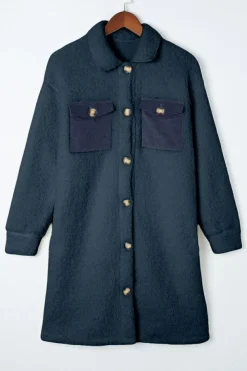 New Dear-Lover Contrast Flap Pocket Single Breasted Teddy Coat Blue
