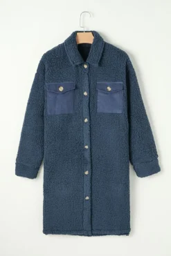 New Dear-Lover Contrast Flap Pocket Single Breasted Teddy Coat Blue