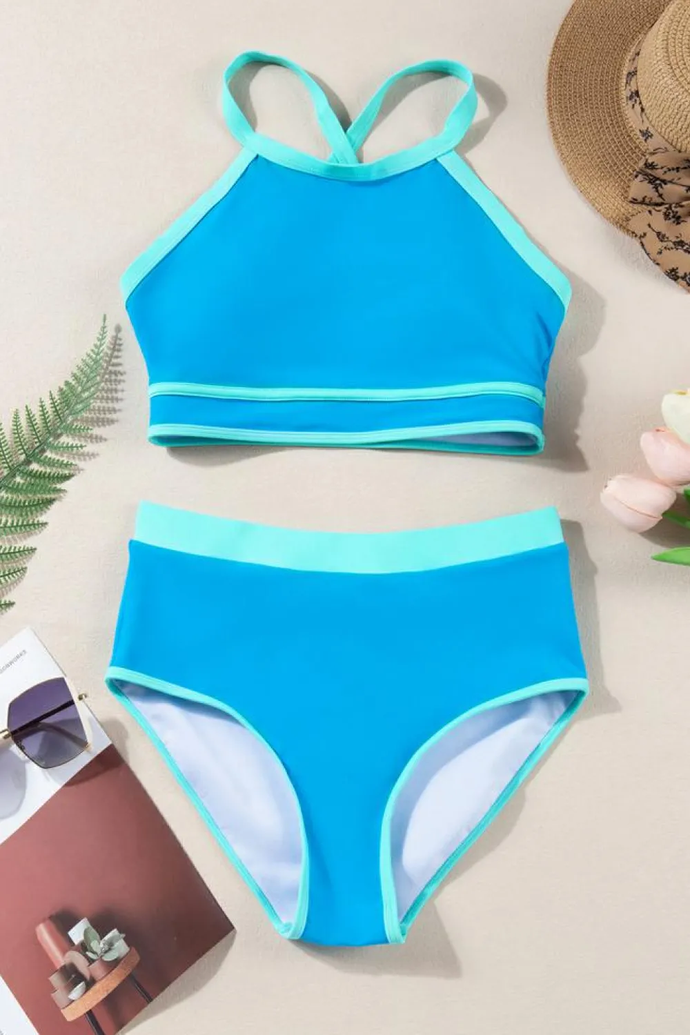 Sale Dear-Lover Contrast Trim Crisscross Back High Waisted Bikini Blue