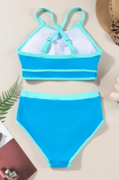 Sale Dear-Lover Contrast Trim Crisscross Back High Waisted Bikini Blue