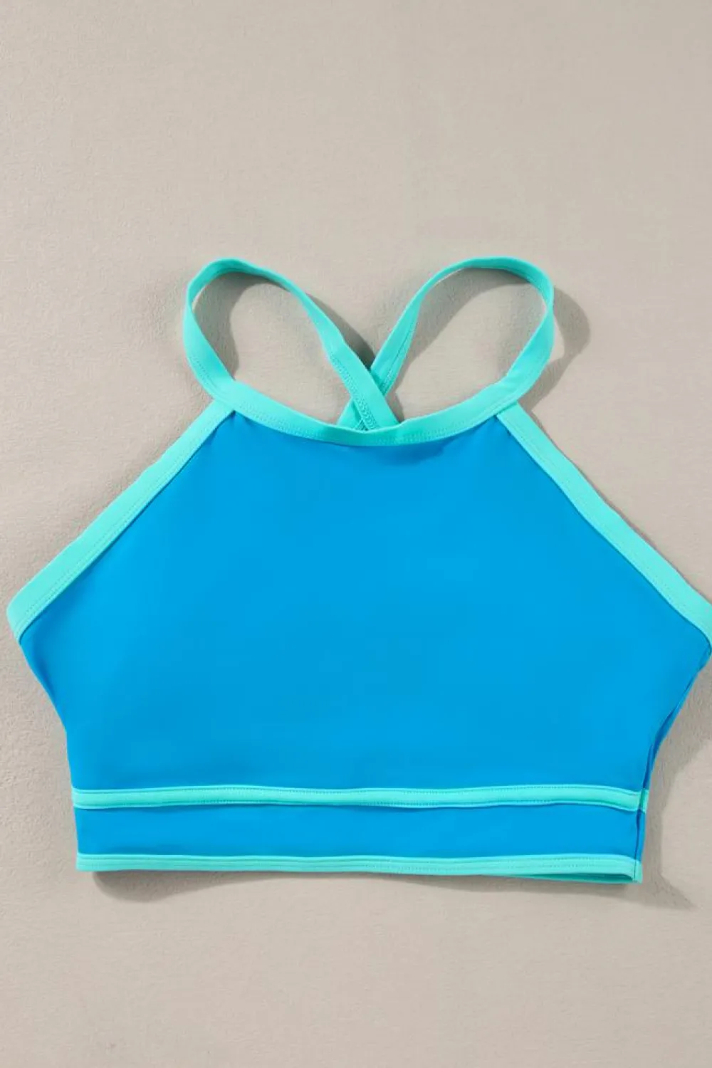 Sale Dear-Lover Contrast Trim Crisscross Back High Waisted Bikini Blue