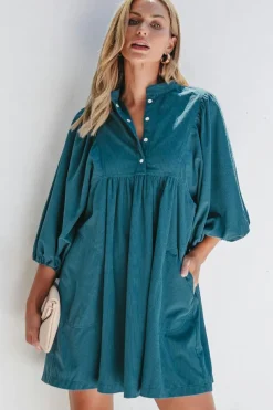 Clearance Dear-Lover Corduroy Snap Buttons Empire Waist Bracelet Sleeve Dress Blue