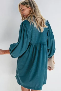 Clearance Dear-Lover Corduroy Snap Buttons Empire Waist Bracelet Sleeve Dress Blue