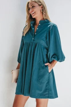 Clearance Dear-Lover Corduroy Snap Buttons Empire Waist Bracelet Sleeve Dress Blue
