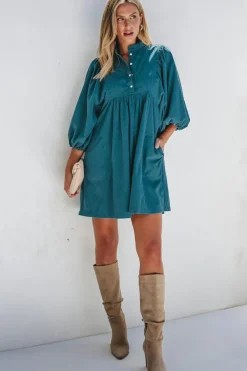 Clearance Dear-Lover Corduroy Snap Buttons Empire Waist Bracelet Sleeve Dress Blue