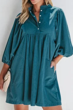 Clearance Dear-Lover Corduroy Snap Buttons Empire Waist Bracelet Sleeve Dress Blue