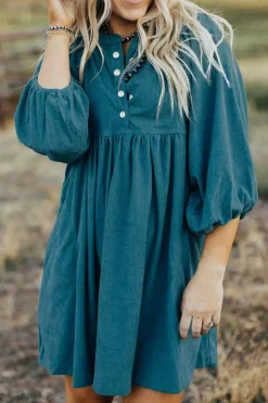 Clearance Dear-Lover Corduroy Snap Buttons Empire Waist Bracelet Sleeve Dress Blue