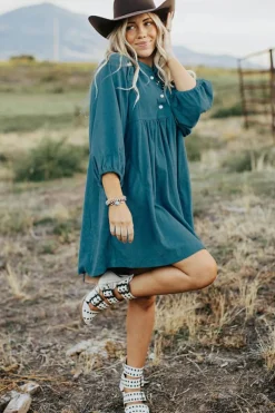 Clearance Dear-Lover Corduroy Snap Buttons Empire Waist Bracelet Sleeve Dress Blue