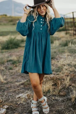 Clearance Dear-Lover Corduroy Snap Buttons Empire Waist Bracelet Sleeve Dress Blue