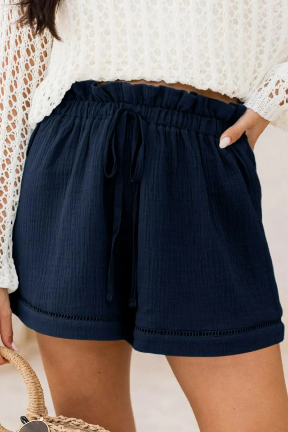 Clearance Dear-Lover Cotton Gauze Paperbag Shorts Blue