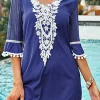 Best Dear-Lover Crochet Pom Pom Trim Beach Tunic Cover up Blue