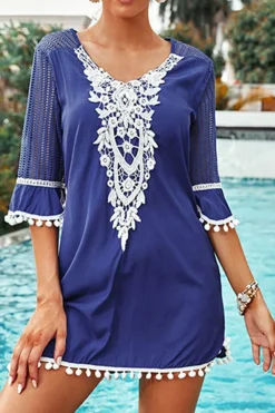 Best Dear-Lover Crochet Pom Pom Trim Beach Tunic Cover up Blue