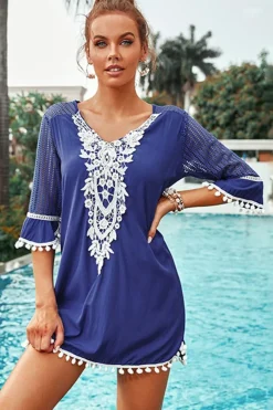 Best Dear-Lover Crochet Pom Pom Trim Beach Tunic Cover up Blue