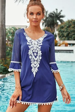 Best Dear-Lover Crochet Pom Pom Trim Beach Tunic Cover up Blue