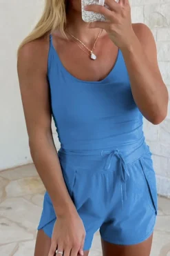 Best Dear-Lover Crossed Spaghetti Straps Drawstring Waist Sporty Romper Blue