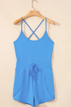 Best Dear-Lover Crossed Spaghetti Straps Drawstring Waist Sporty Romper Blue