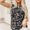 Online Dear-Lover Cutout Decor Round Neck Floral Tank Top Blue