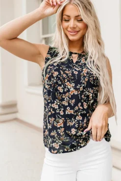 Online Dear-Lover Cutout Decor Round Neck Floral Tank Top Blue