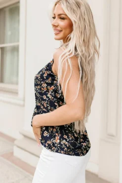 Online Dear-Lover Cutout Decor Round Neck Floral Tank Top Blue