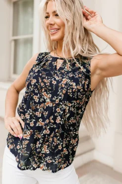 Online Dear-Lover Cutout Decor Round Neck Floral Tank Top Blue