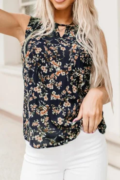 Online Dear-Lover Cutout Decor Round Neck Floral Tank Top Blue