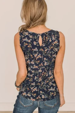 Online Dear-Lover Cutout Decor Round Neck Floral Tank Top Blue