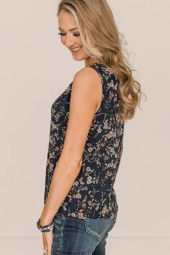 Online Dear-Lover Cutout Decor Round Neck Floral Tank Top Blue