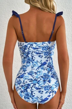 Clearance Dear-Lover Cutout Ruffled Spaghetti Strap One-Piece Swimwear Blue
