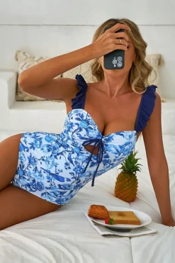 Clearance Dear-Lover Cutout Ruffled Spaghetti Strap One-Piece Swimwear Blue