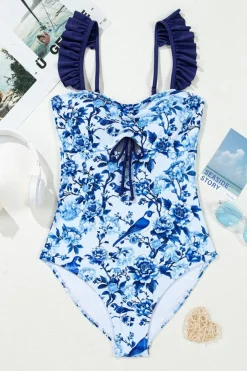 Clearance Dear-Lover Cutout Ruffled Spaghetti Strap One-Piece Swimwear Blue