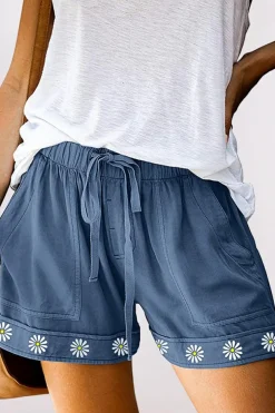 Clearance Dear-Lover Daisy Print Drawstring Waist Shorts with Pockets Blue
