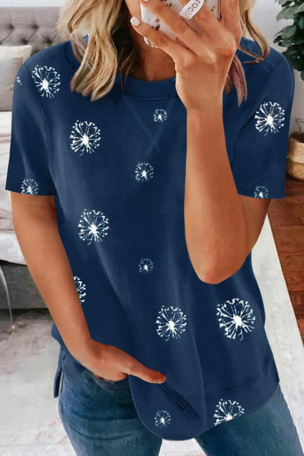 Discount Dear-Lover Dandelion Print Crew Neck T-shirt Blue