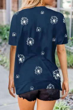Discount Dear-Lover Dandelion Print Crew Neck T-shirt Blue
