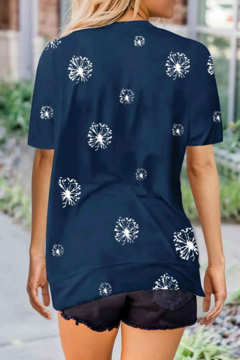 Discount Dear-Lover Dandelion Print Crew Neck T-shirt Blue