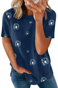 Discount Dear-Lover Dandelion Print Crew Neck T-shirt Blue