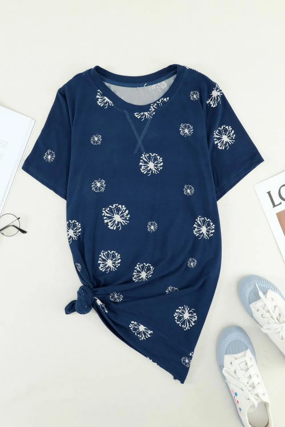 Discount Dear-Lover Dandelion Print Crew Neck T-shirt Blue